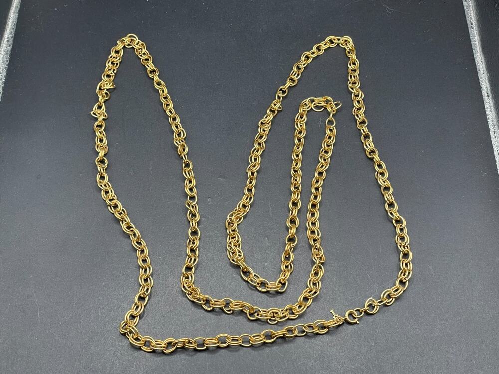 Vintage Crown Trifari Gold Tone Double Chain Linked Long Statement Necklace